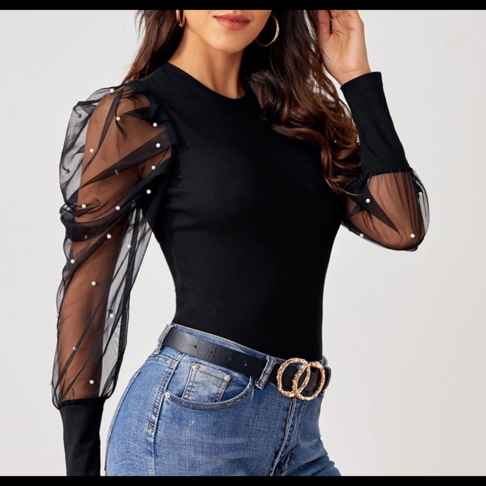 Black long sleeve blouse with pearls
